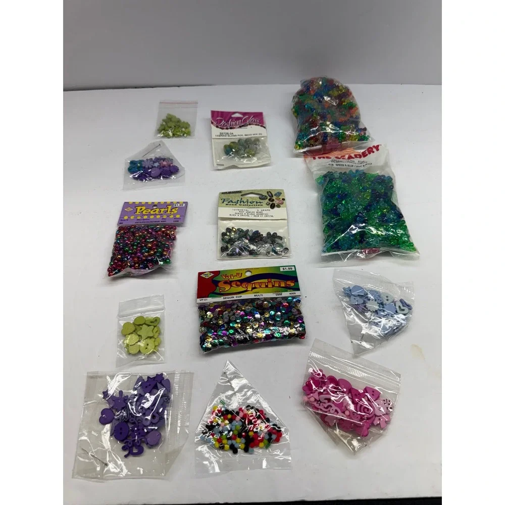 Mixed Craft Lot The Beadery Tri-Beads Glass Foil Beads Sequins Novelty Buttons